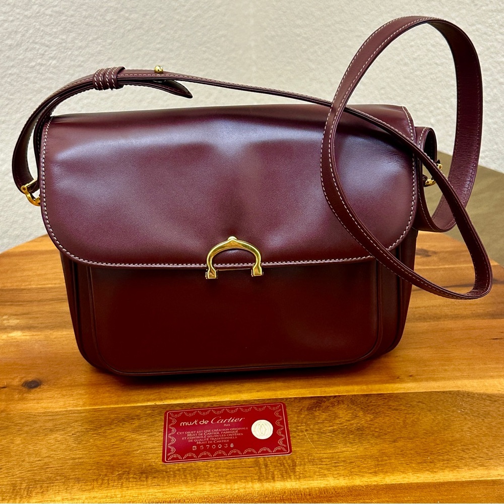 ❤️ CARTIER BURGUNDY RED OXBLOOD LEATHER SHOULDER BAG CROSSBODY BAG VINTA…